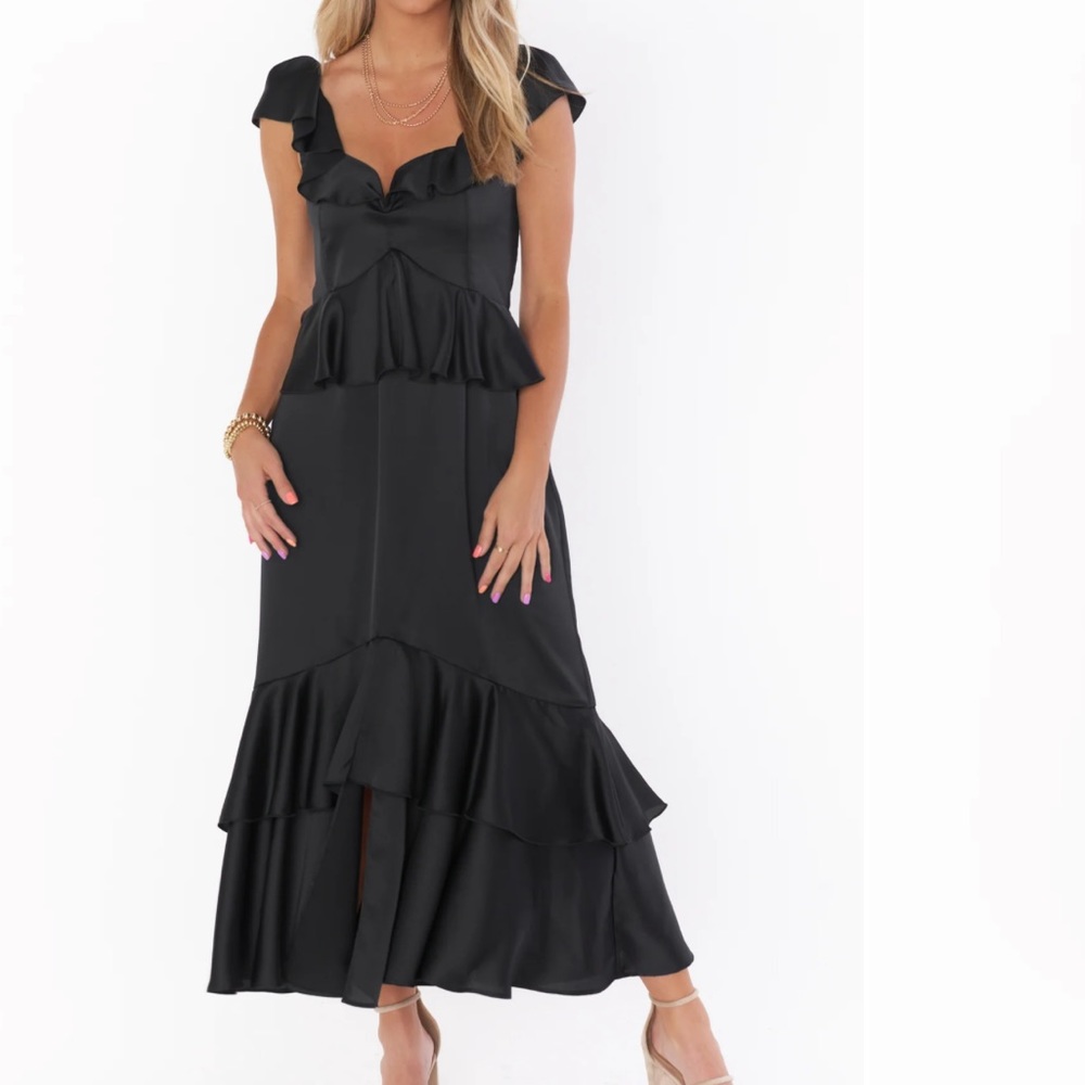 Show Me Your Mumu Reese Ruffle Dress ~ Black Luxe Satin